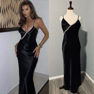 Zara Bloggers Fav Black Satin Effect Rhinestone V-Neck Midi ChristmasDress Sz M